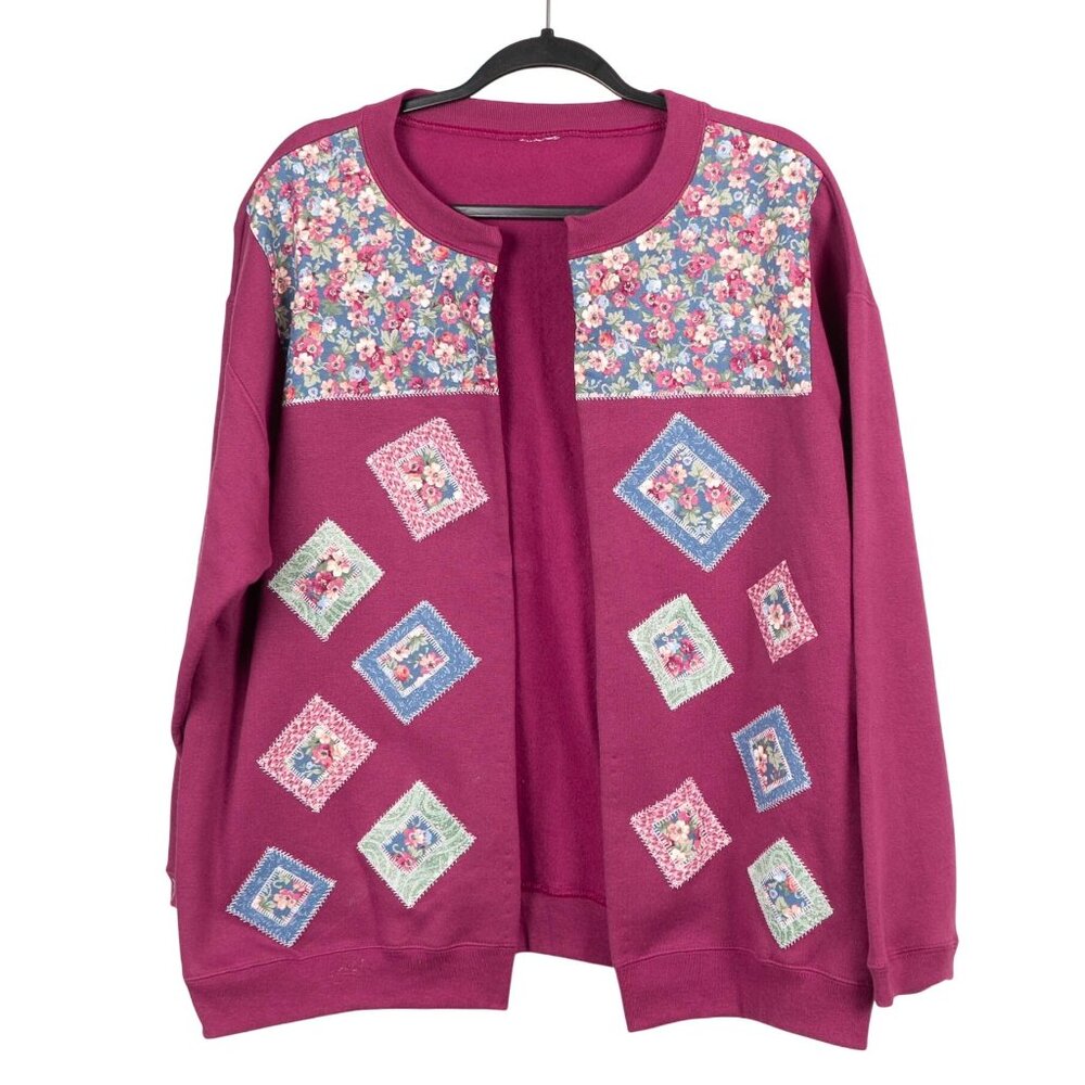 Floral Patchwork Cardigan Sweatshirt L XL Purple Garden 90s Momcore Grammacore